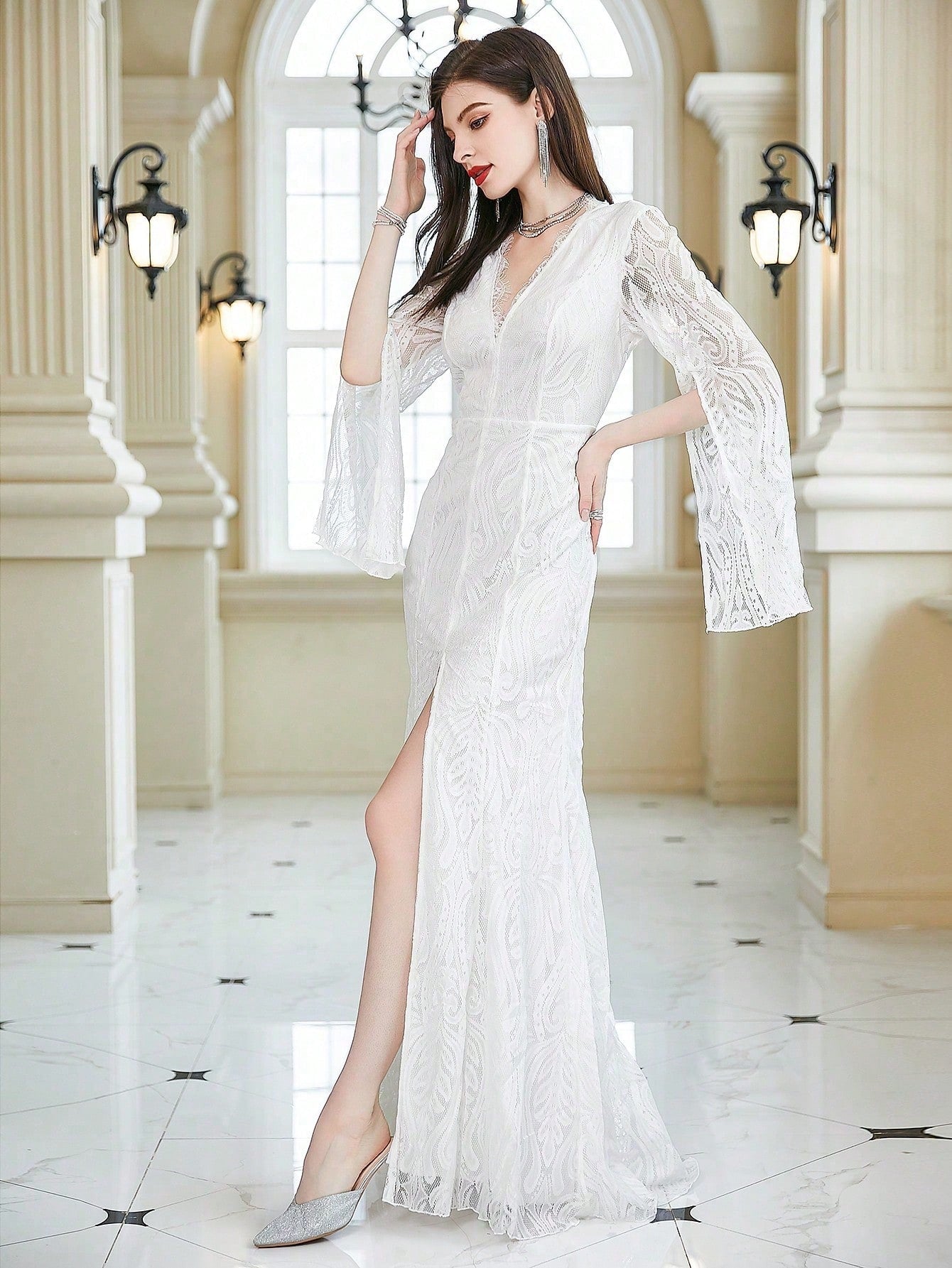 White Lace Wedding Dress With V-Neck And Slit