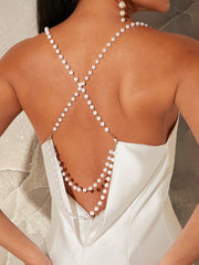 ATTENTION BAE Faux Pearl Crisscross Backless Dress