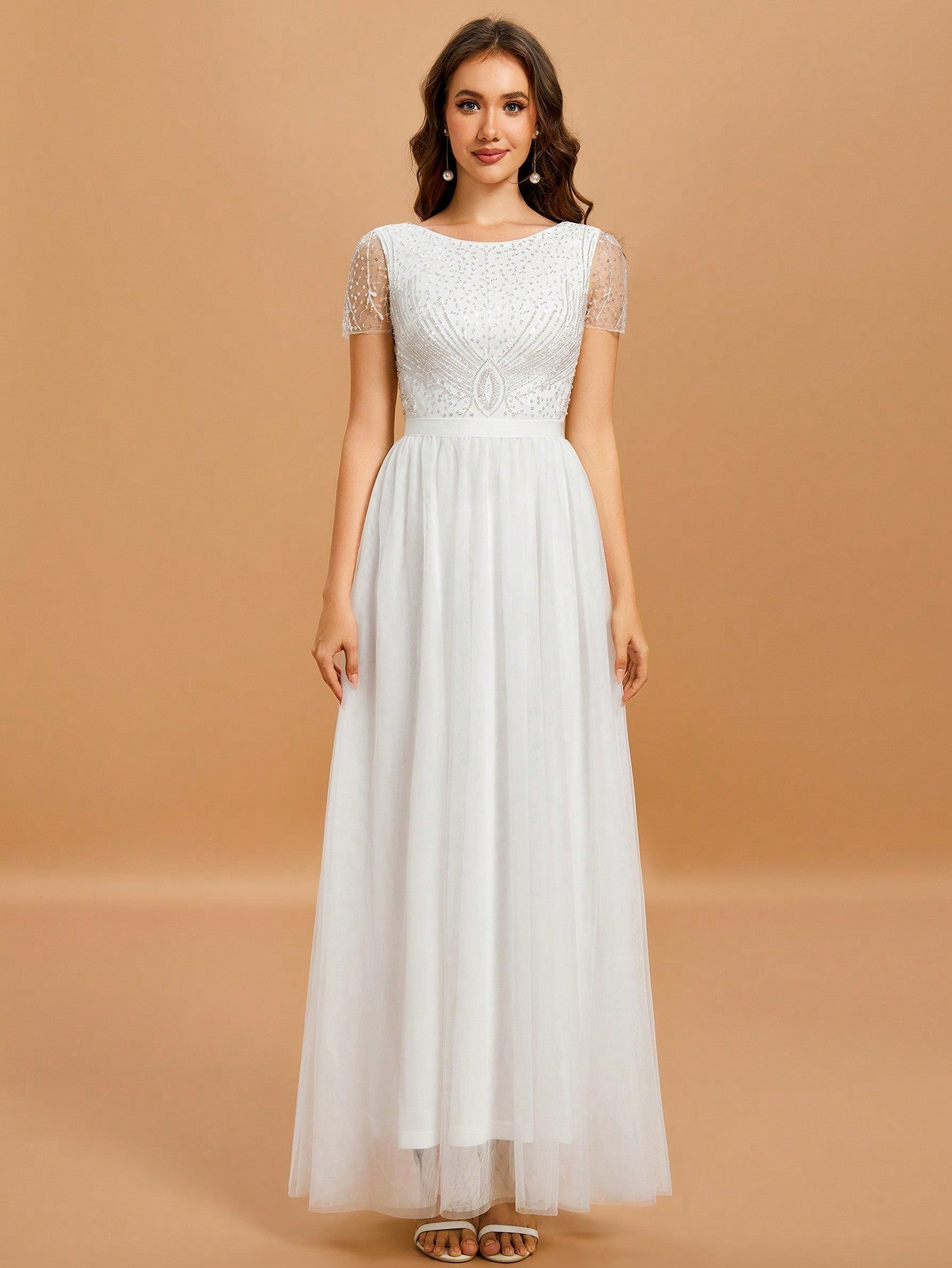 Women's Round Neck Short Sleeve Embroidery Sequin Long Mesh Wedding Dress