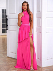 LOVE&LEMONADE Pink Halter Neckline Split Hem Cocktail Dress