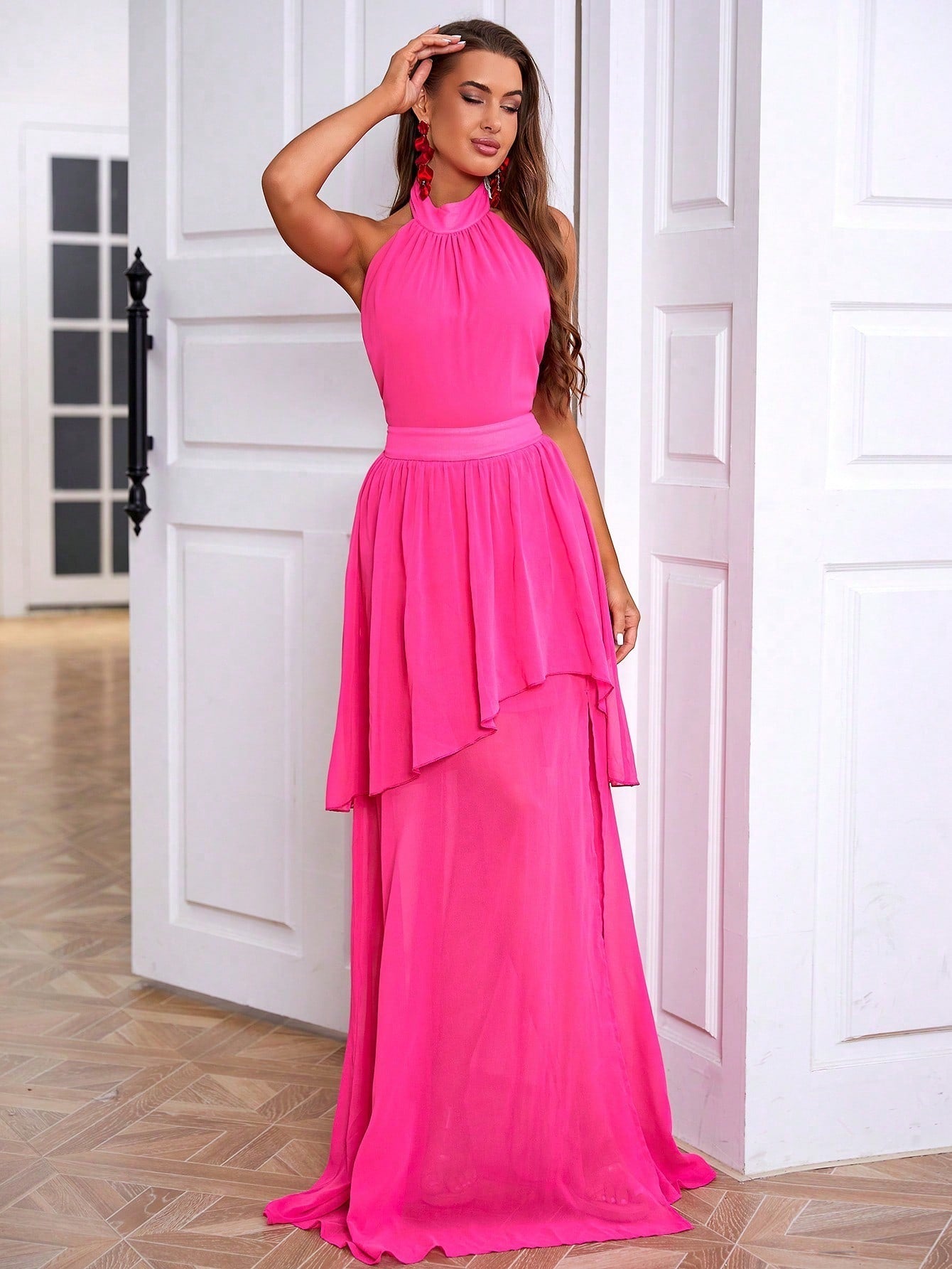 LOVE&LEMONADE Pink Halter Neckline Split Hem Cocktail Dress