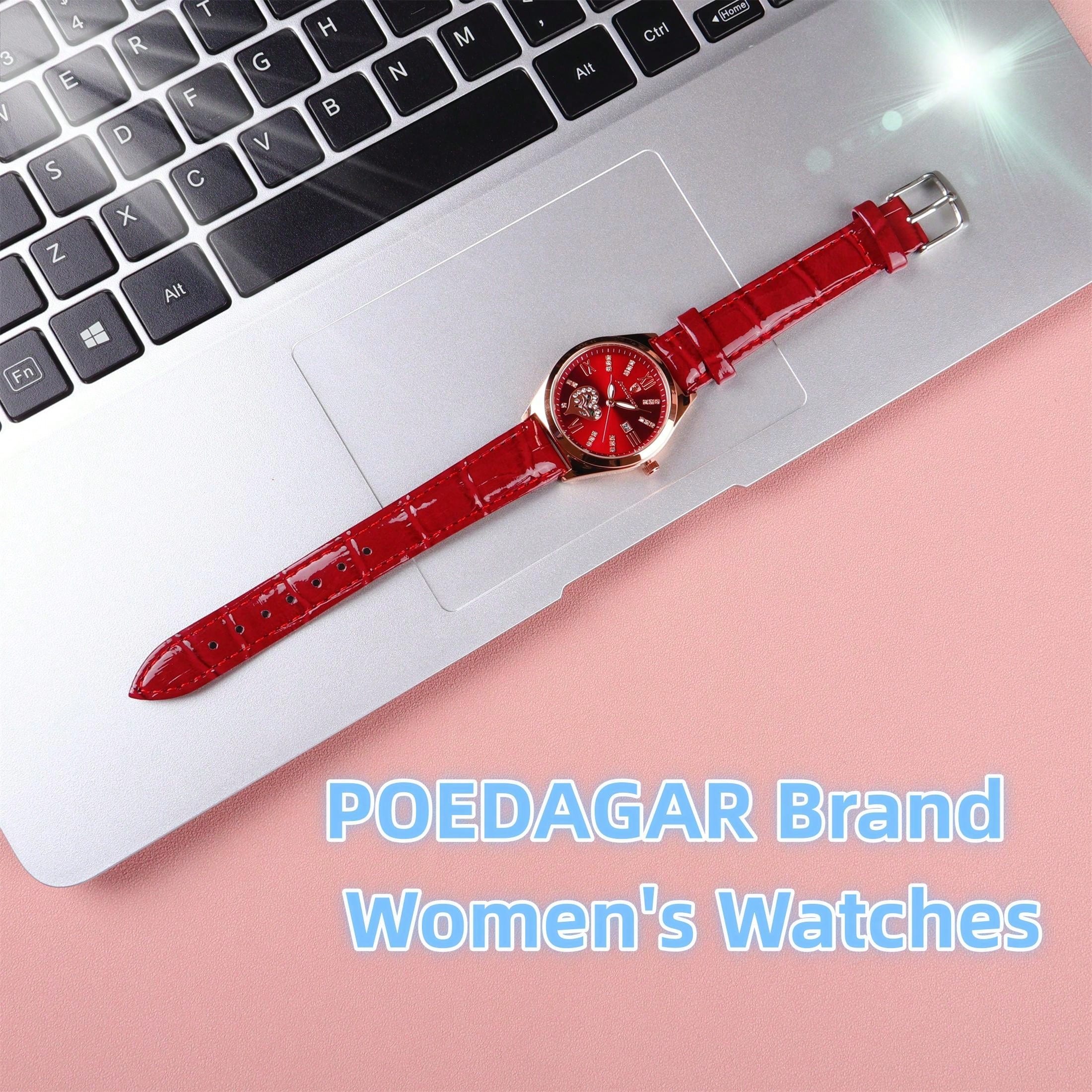 7pcs/Set Women'S Watch Gift Set, Festival Gift Package Including: 1pc Red Faux Leather Water Resistant Diamond Calendar Quartz Watch, 1pc White Volcanic Stone Bracelet, 1pc Red Crystal Necklace, 1pc Red Crystal Ring, 2pcs Red Crystal Stud Earrings, And 1p