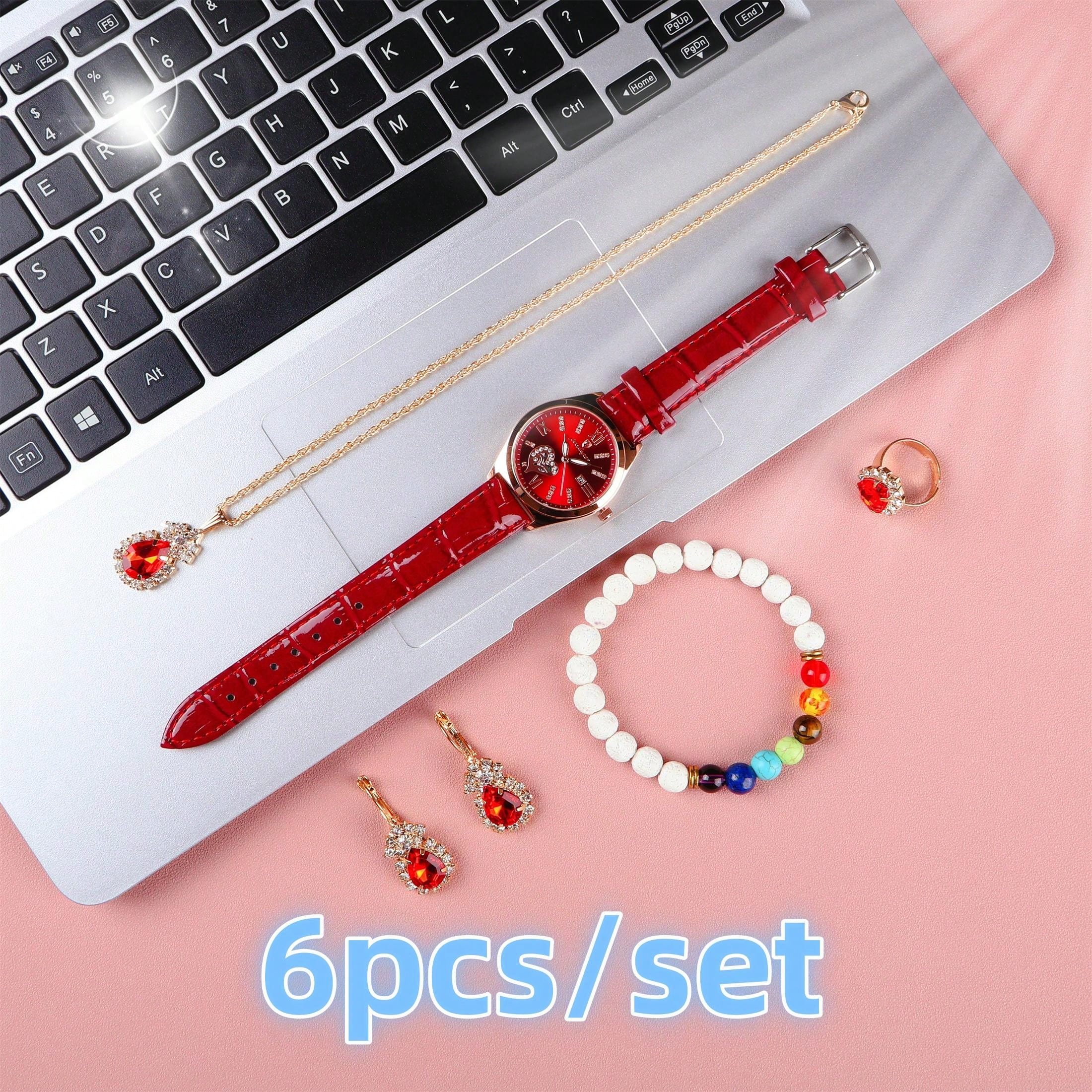 7pcs/Set Women'S Watch Gift Set, Festival Gift Package Including: 1pc Red Faux Leather Water Resistant Diamond Calendar Quartz Watch, 1pc White Volcanic Stone Bracelet, 1pc Red Crystal Necklace, 1pc Red Crystal Ring, 2pcs Red Crystal Stud Earrings, And 1p