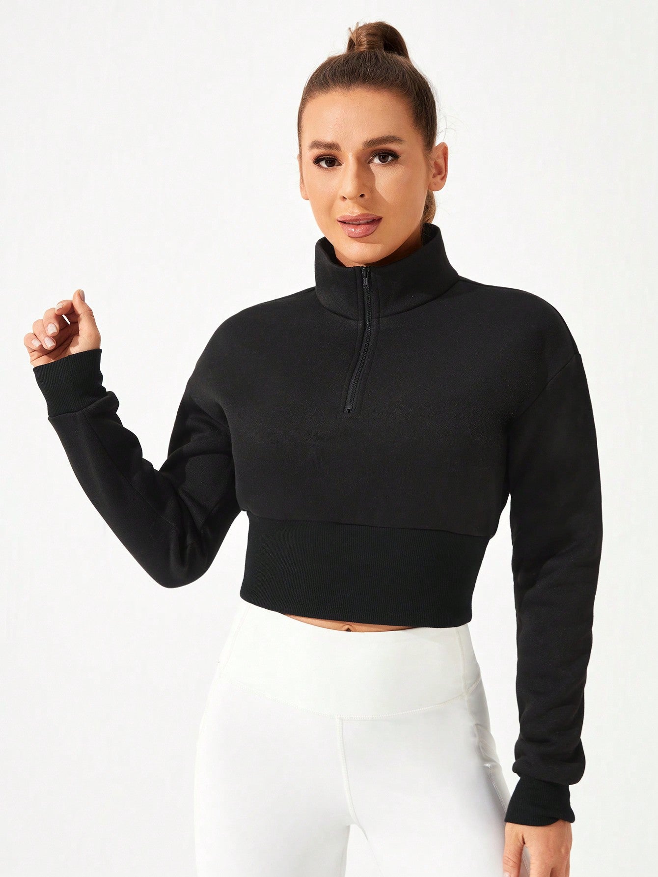 Solid Color Half Zip High Collar Sports Sweatshirt With Zipper