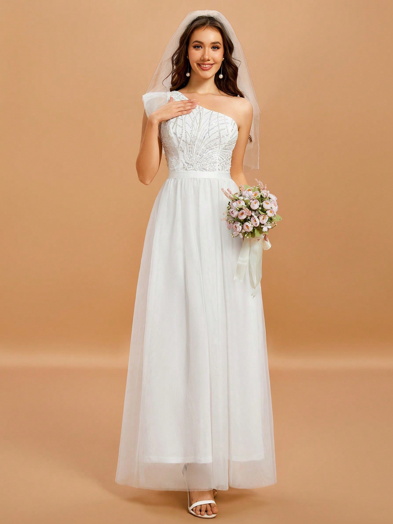 One Shoulder Contrast Sequin Splicing Mesh Wedding Dress