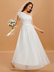 One Shoulder Contrast Sequin Splicing Mesh Wedding Dress