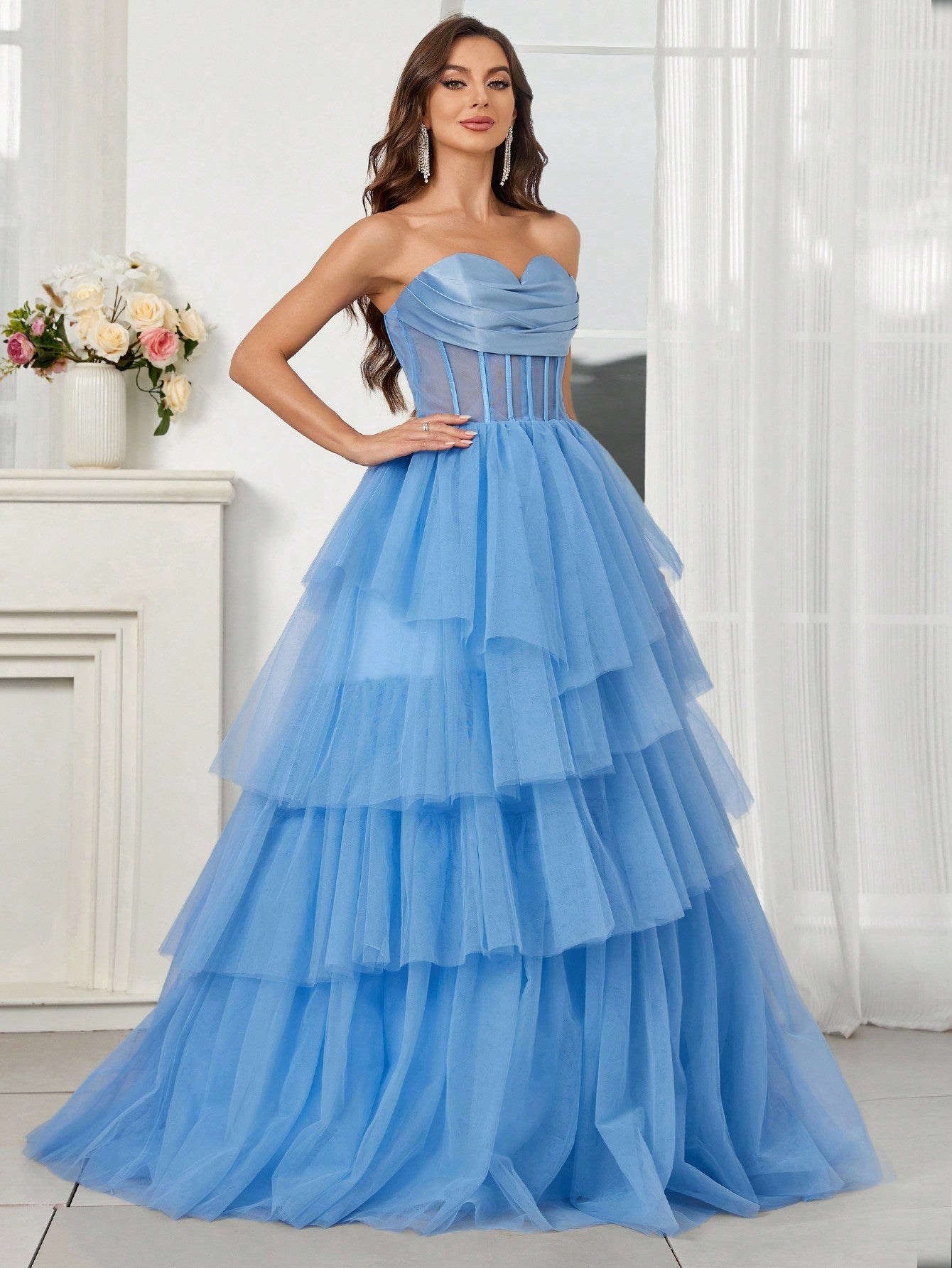 Belle Strapless Dress With Mesh Splice Satin Surface And Multi-Layer Irregular Mesh Puffy Hem, Sheer On Top For Evening Party (Heavy Model)