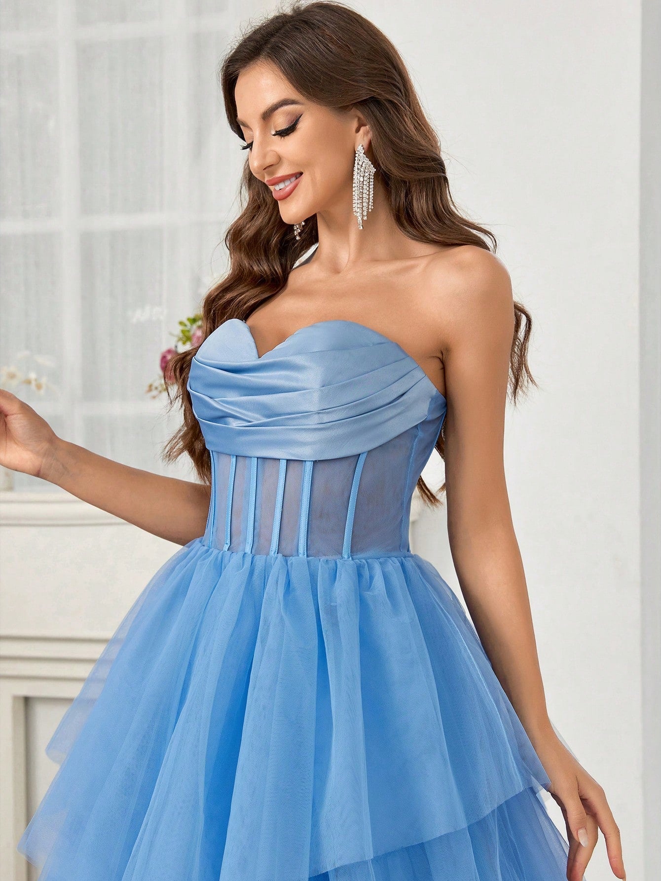 Belle Strapless Dress With Mesh Splice Satin Surface And Multi-Layer Irregular Mesh Puffy Hem, Sheer On Top For Evening Party (Heavy Model)