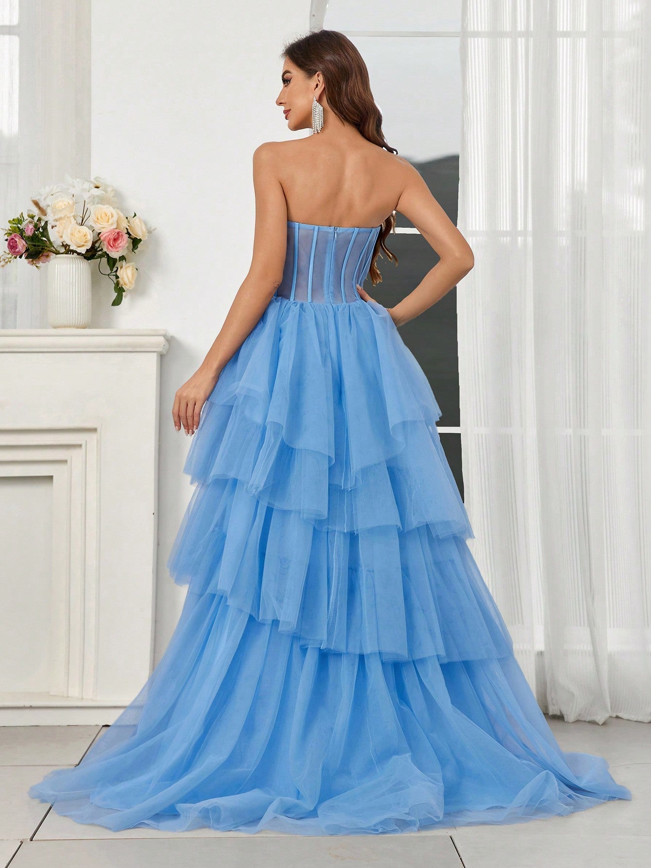 Belle Strapless Dress With Mesh Splice Satin Surface And Multi-Layer Irregular Mesh Puffy Hem, Sheer On Top For Evening Party (Heavy Model)