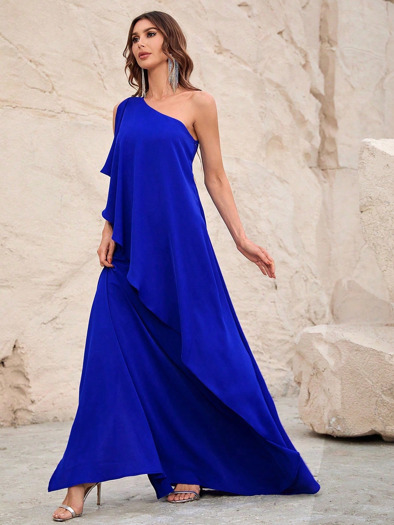 One Shoulder Ruffle Trim Chiffon Party Dress