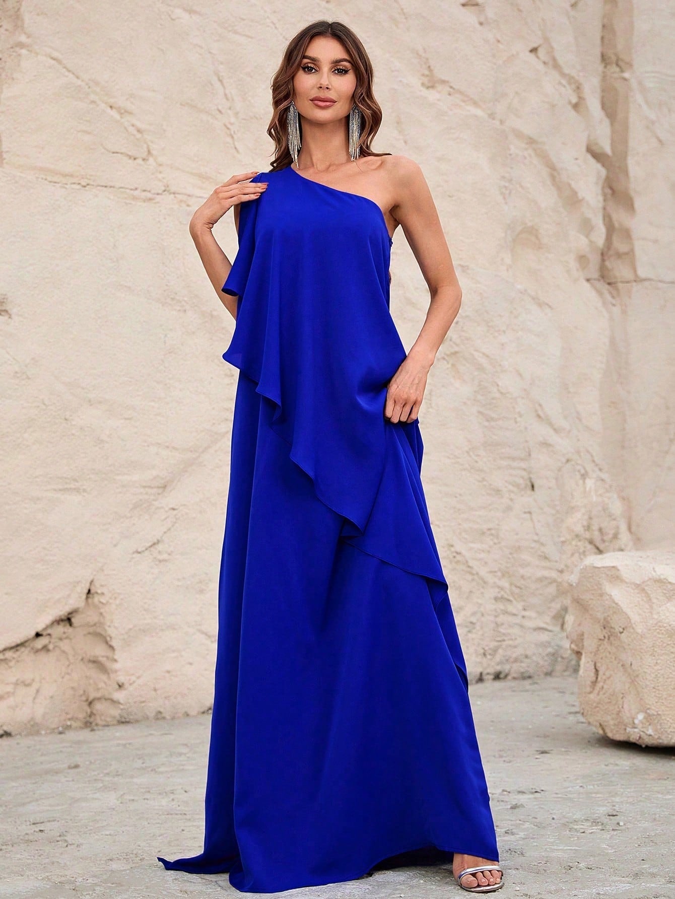 One Shoulder Ruffle Trim Chiffon Party Dress