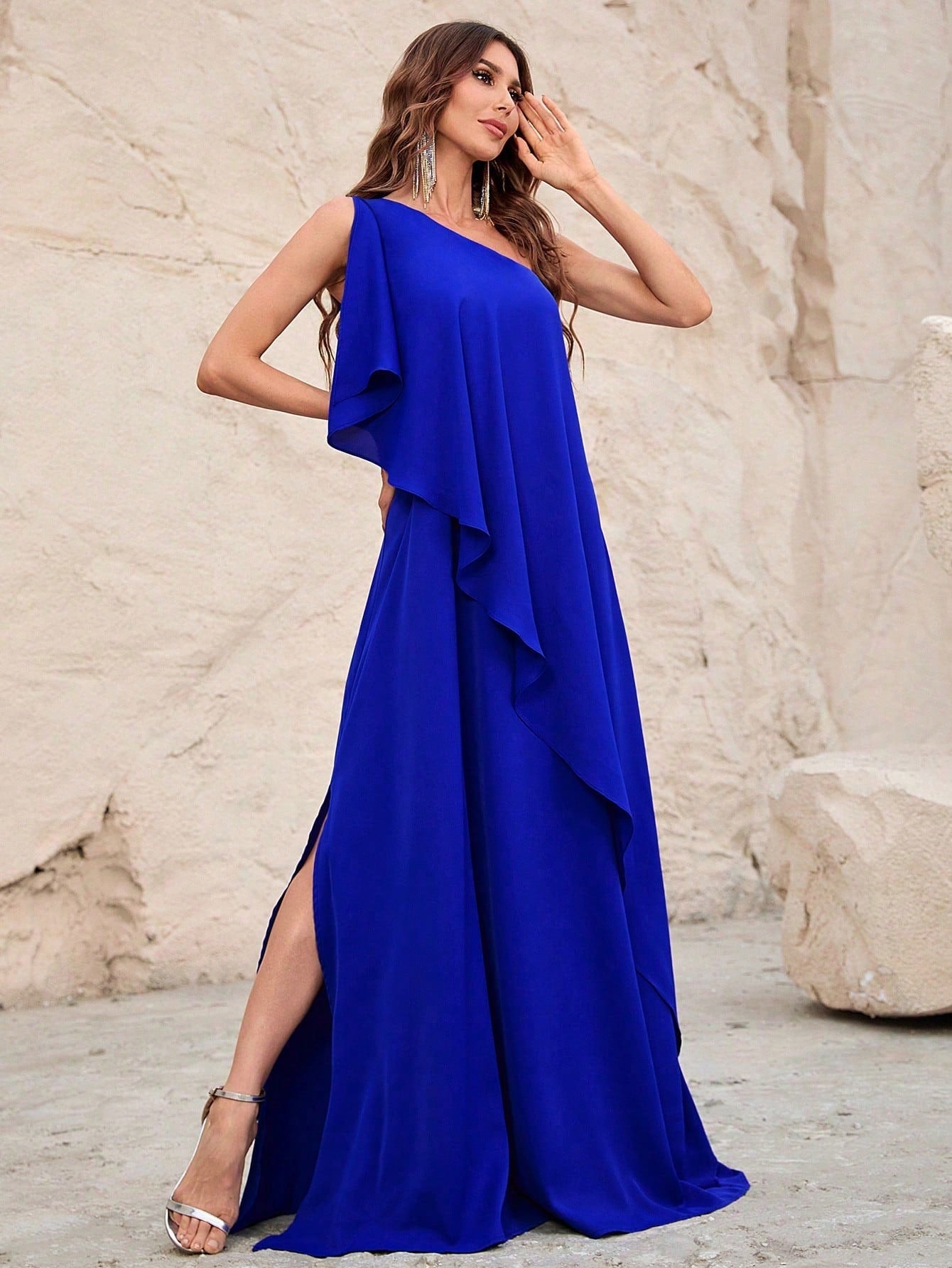 One Shoulder Ruffle Trim Chiffon Party Dress