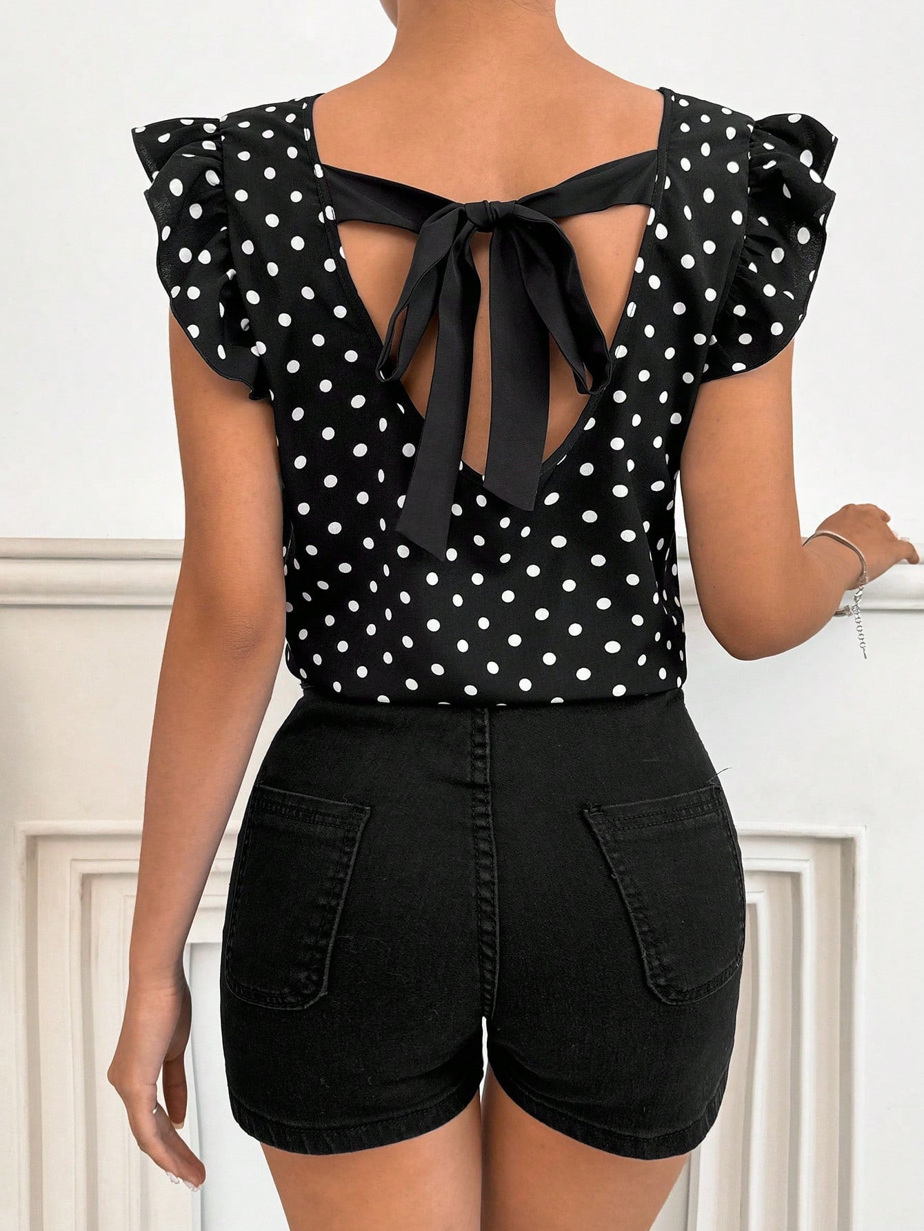 Privé Women Valentine's Day Polka Dot Round Neck Back Bow Tie Short Sleeve Blouse