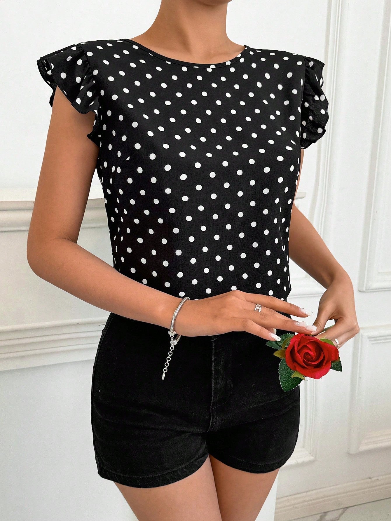 Privé Women Valentine's Day Polka Dot Round Neck Back Bow Tie Short Sleeve Blouse