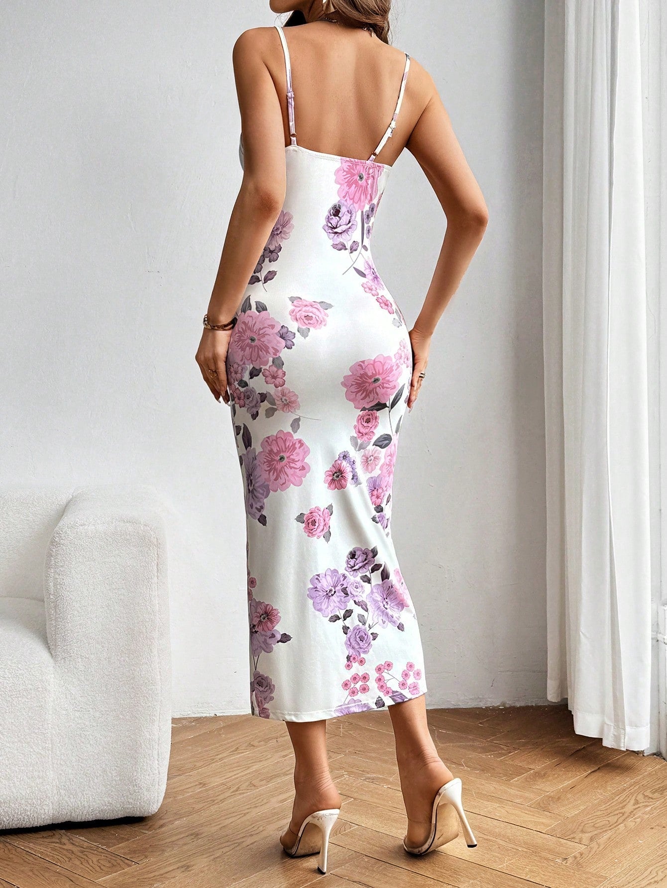 Privé Romantic Floral Print Cowl Collar Slit Front Cami Dress