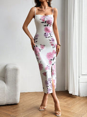 Privé Romantic Floral Print Cowl Collar Slit Front Cami Dress