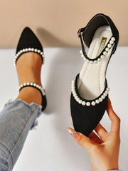 Women'S Black Pointed Toe Flat Shoes With Pearl Detailing, Ankle Strap & Buckle, Suitable For All Seasons