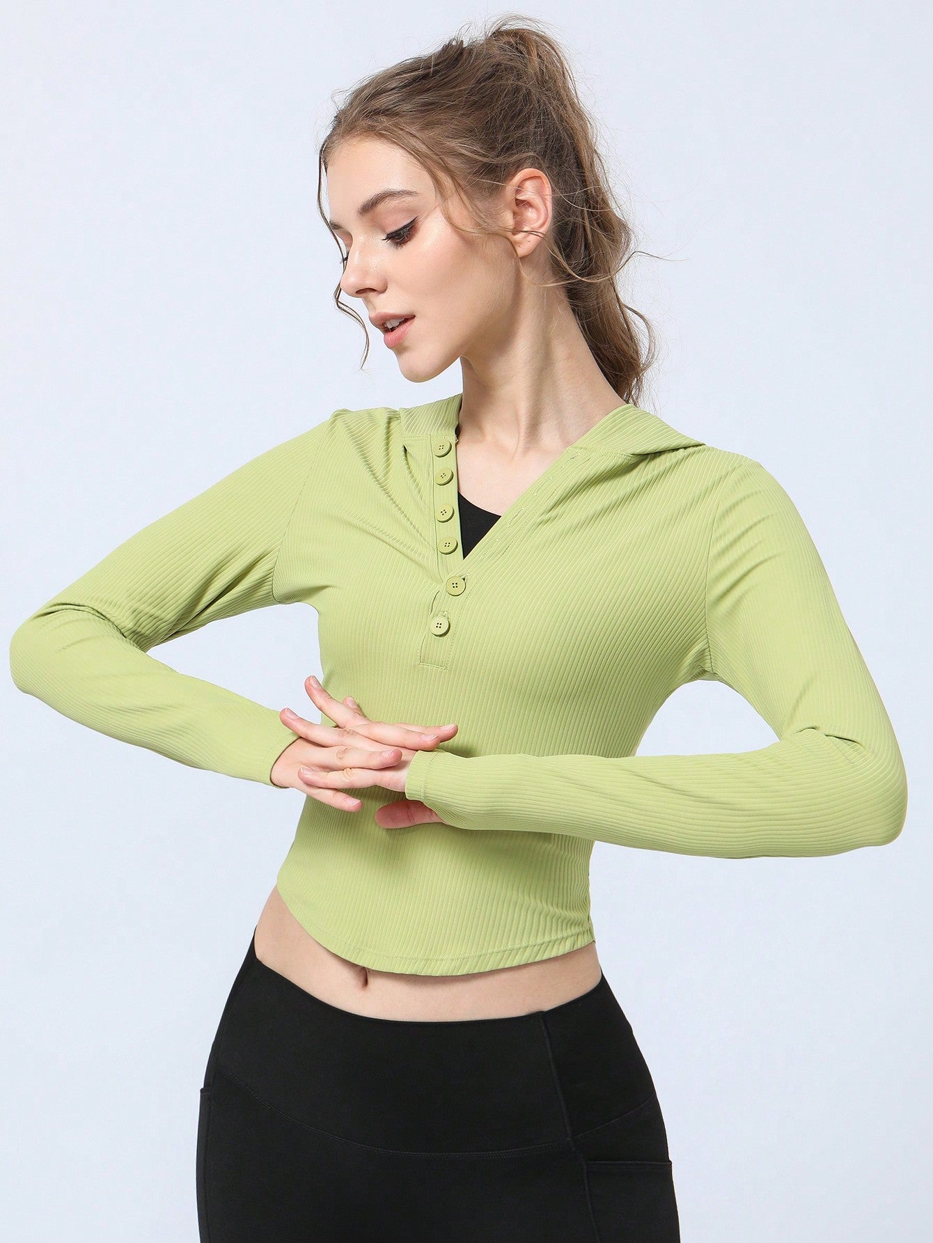 Hooded Yoga Sports Sweatshirt With Thumb Hole, Half Open Placket With Button And Ribbed Hem