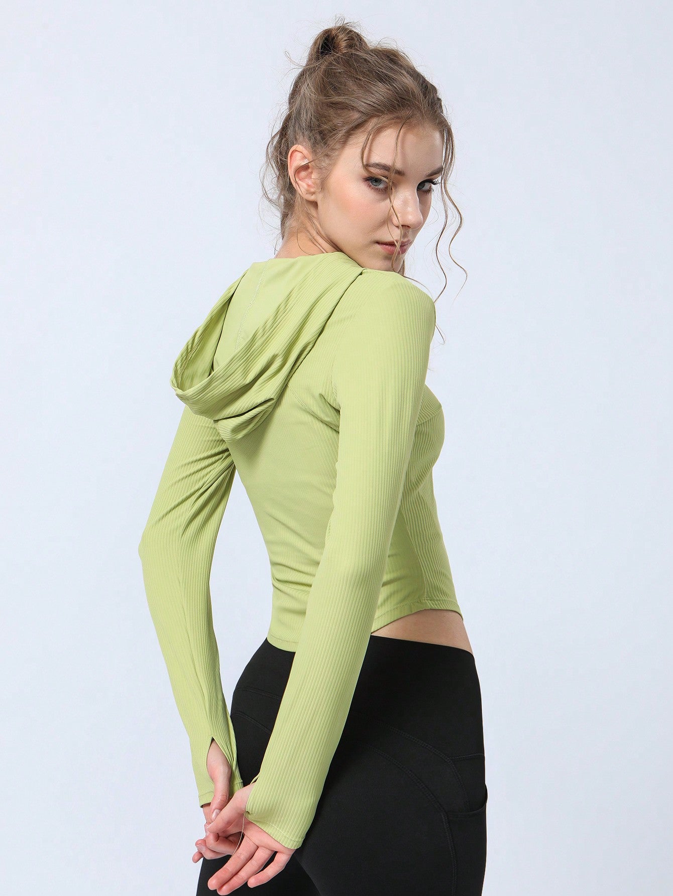 Hooded Yoga Sports Sweatshirt With Thumb Hole, Half Open Placket With Button And Ribbed Hem