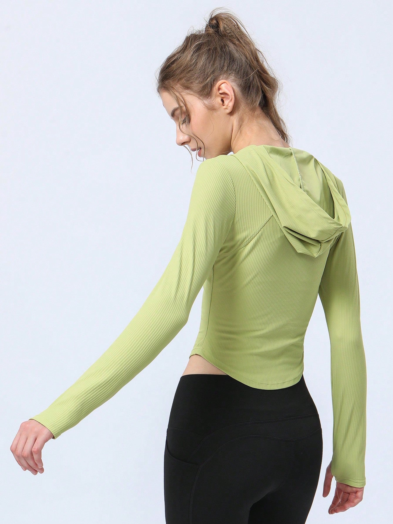 Hooded Yoga Sports Sweatshirt With Thumb Hole, Half Open Placket With Button And Ribbed Hem