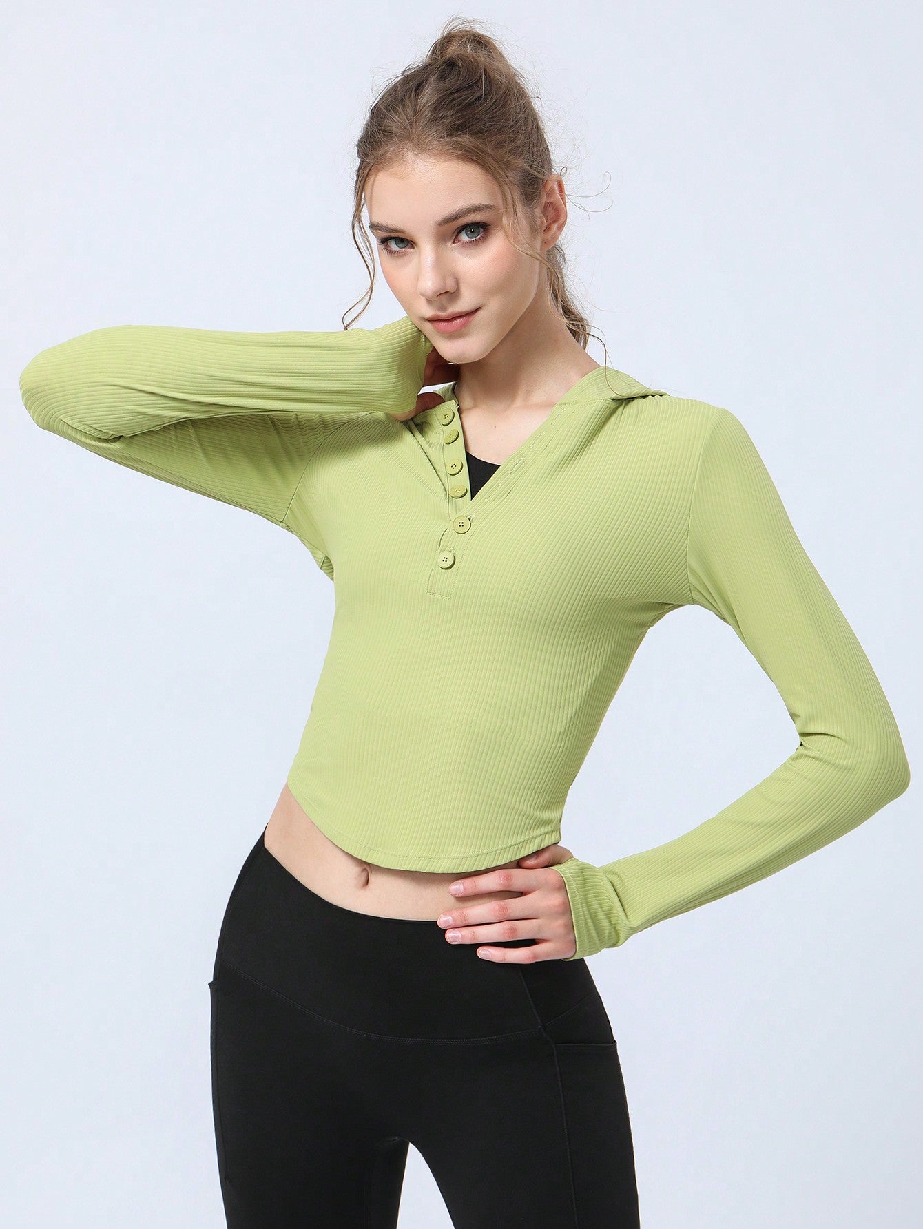 Hooded Yoga Sports Sweatshirt With Thumb Hole, Half Open Placket With Button And Ribbed Hem