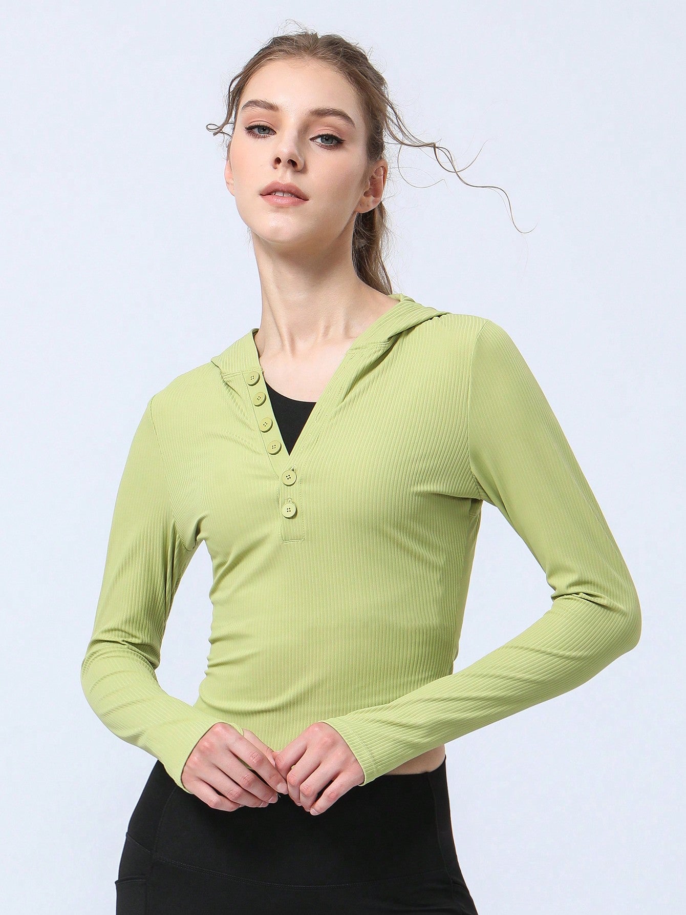 Hooded Yoga Sports Sweatshirt With Thumb Hole, Half Open Placket With Button And Ribbed Hem