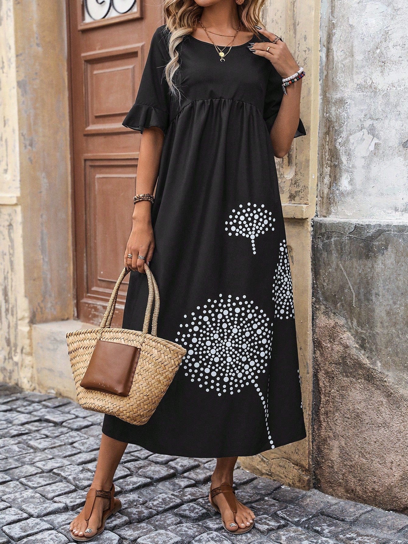 Round Neck Dandelion Printed Dress With Pleats And Flounce Sleeve & Hem