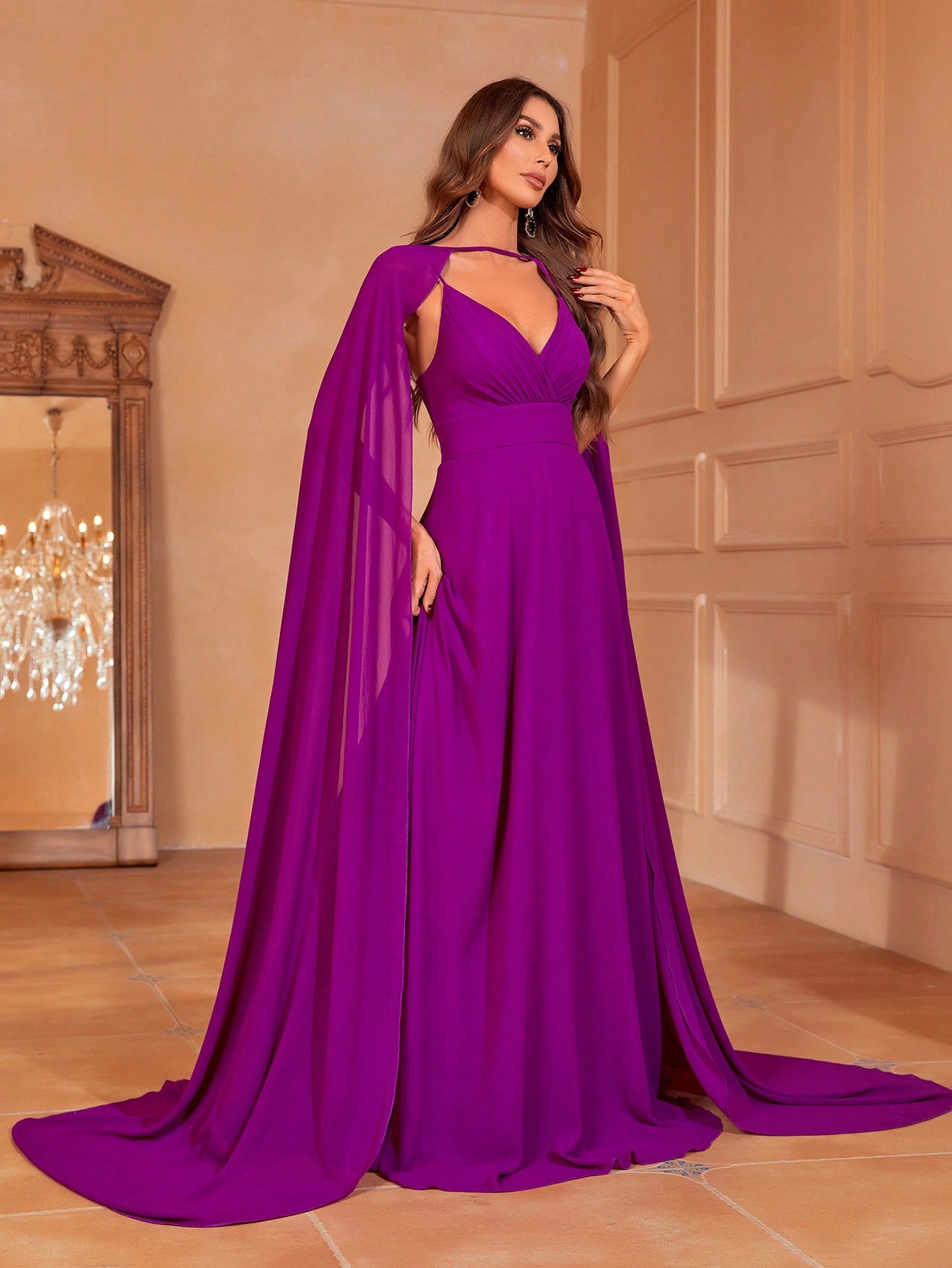 Surplice Neck Floor Length Chiffon Cami Dress With Cape