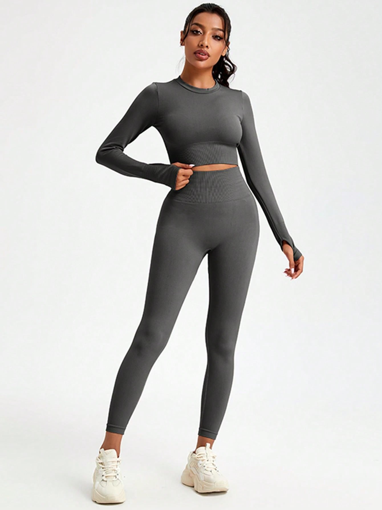 2pcs Ladies' Sports Yoga Long Sleeve Top And Leggings Set