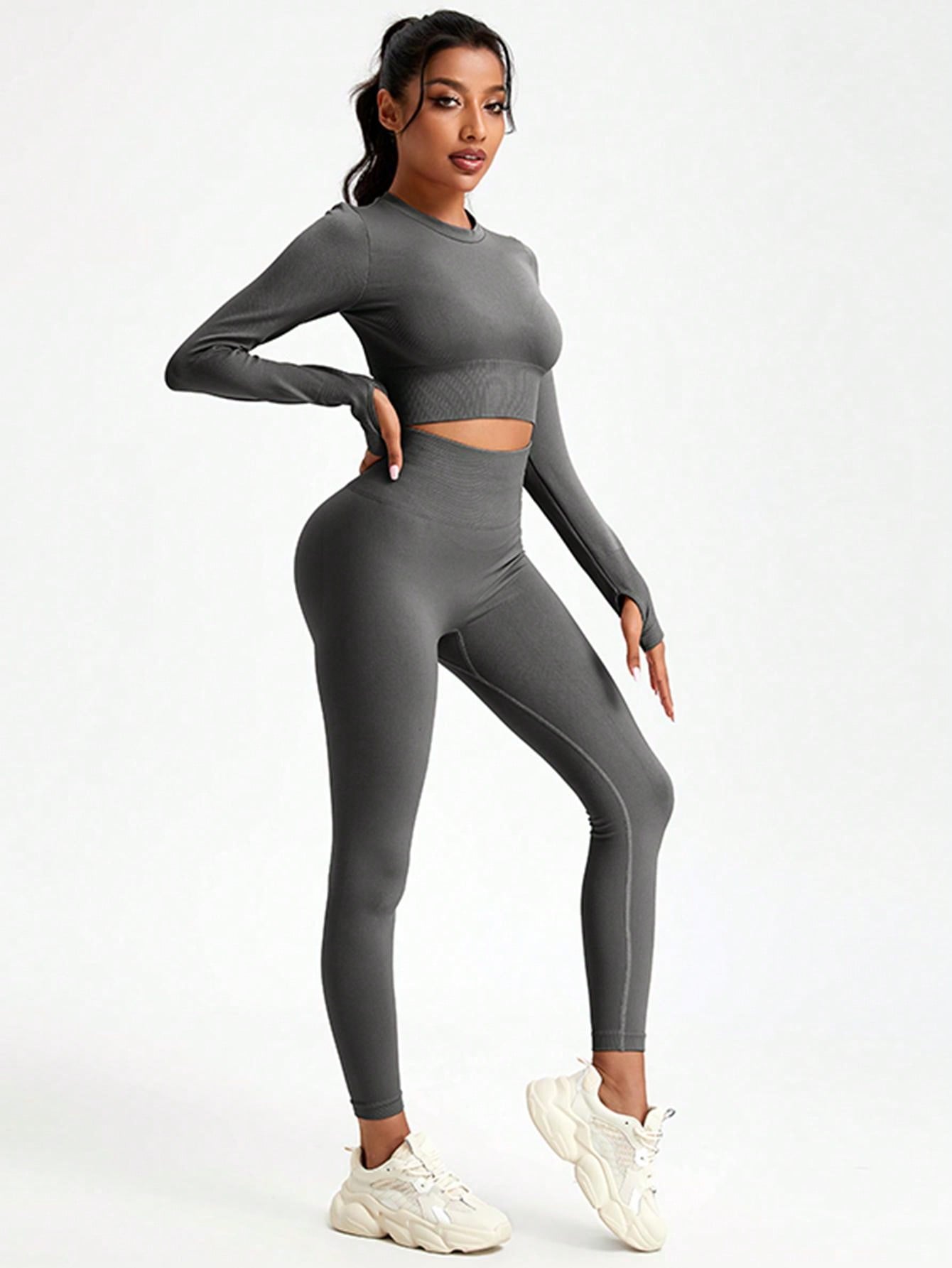 2pcs Ladies' Sports Yoga Long Sleeve Top And Leggings Set