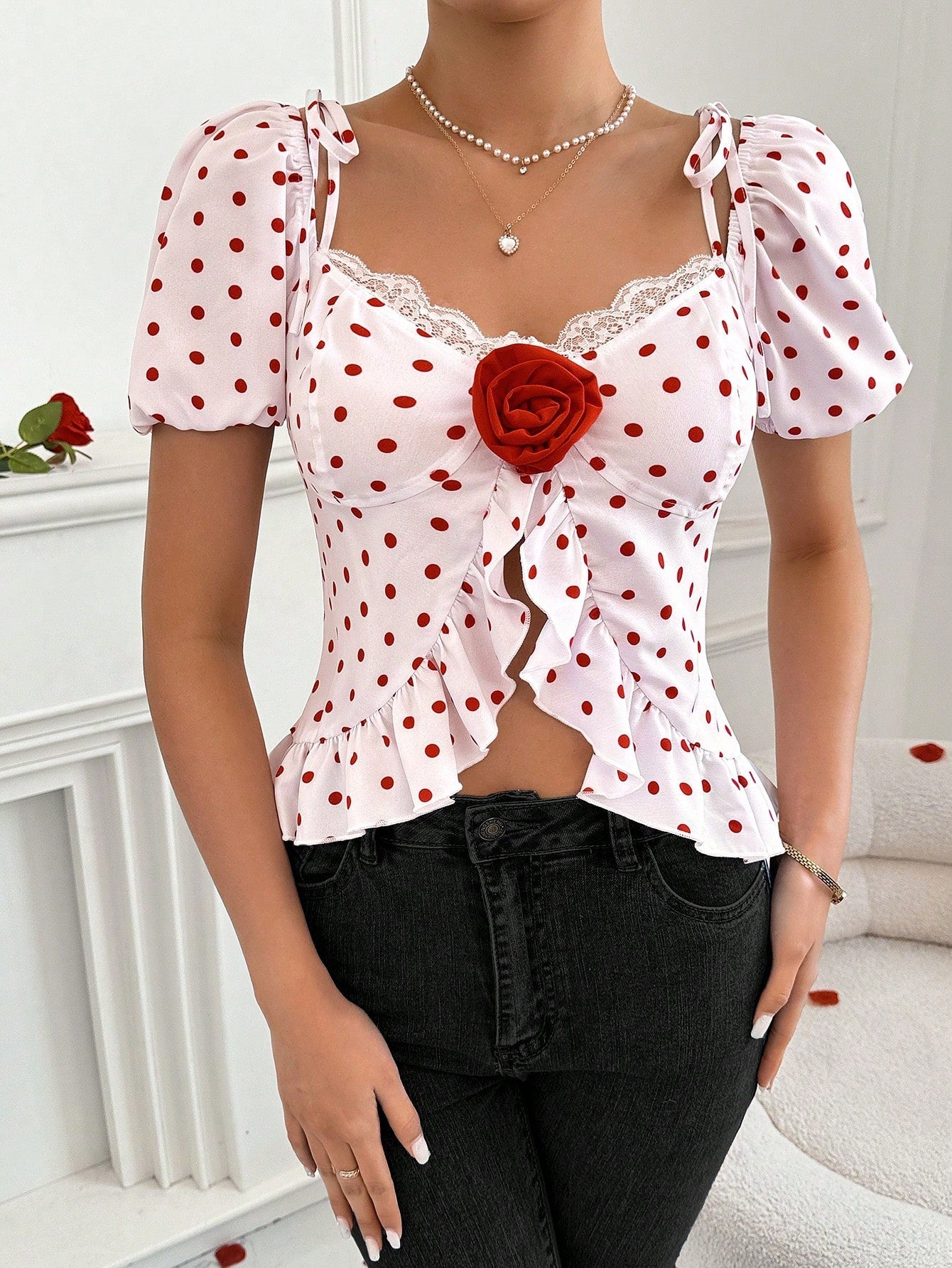 Privé Ladies' Valentine's Day Polka Dot Sheer Mesh Perspectivity Off Shoulder Top With 3d Flower Embellishment