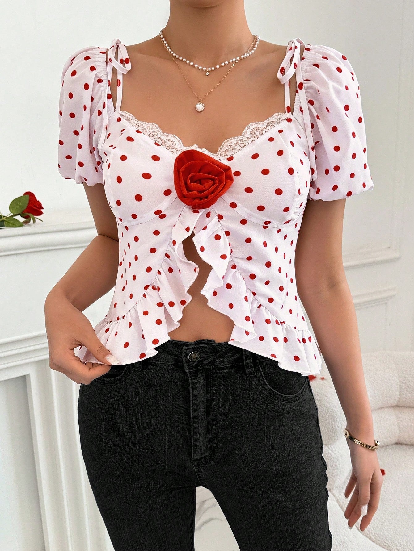 Privé Ladies' Valentine's Day Polka Dot Sheer Mesh Perspectivity Off Shoulder Top With 3d Flower Embellishment