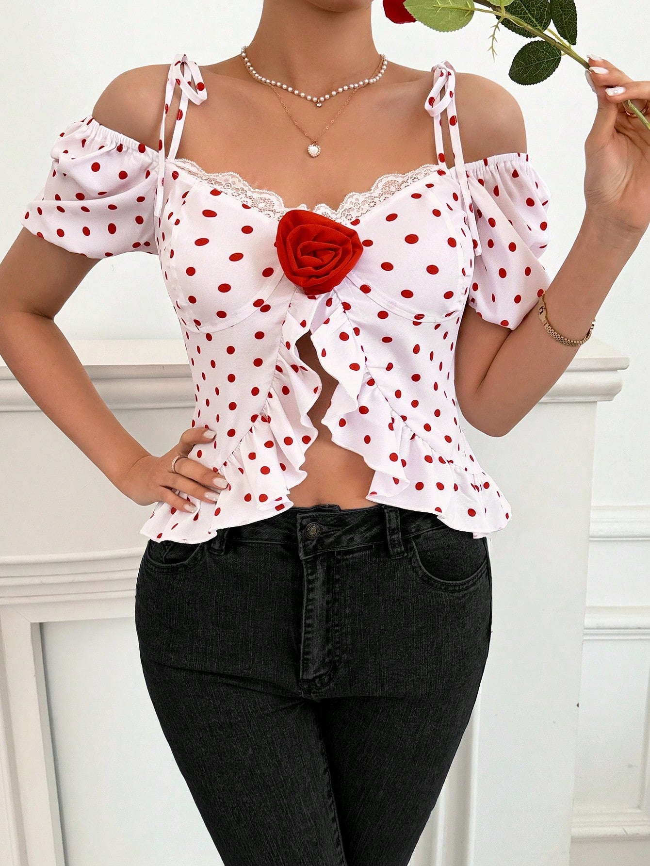 Privé Ladies' Valentine's Day Polka Dot Sheer Mesh Perspectivity Off Shoulder Top With 3d Flower Embellishment