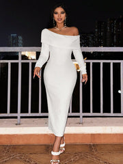 SXY Asymmetric Neckline Long Sleeves Bodycon Dress