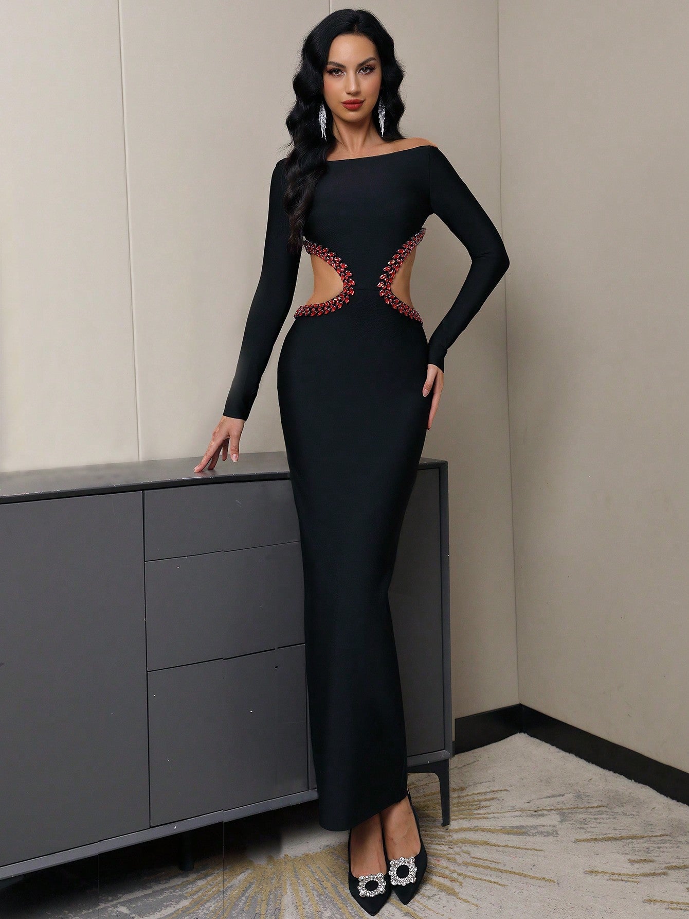 Modphy Women'S Sexy Black One Shoulder Long Sleeve Heavy Beaded Evening Dress With Backless Design For Cocktail Party Or Banquet