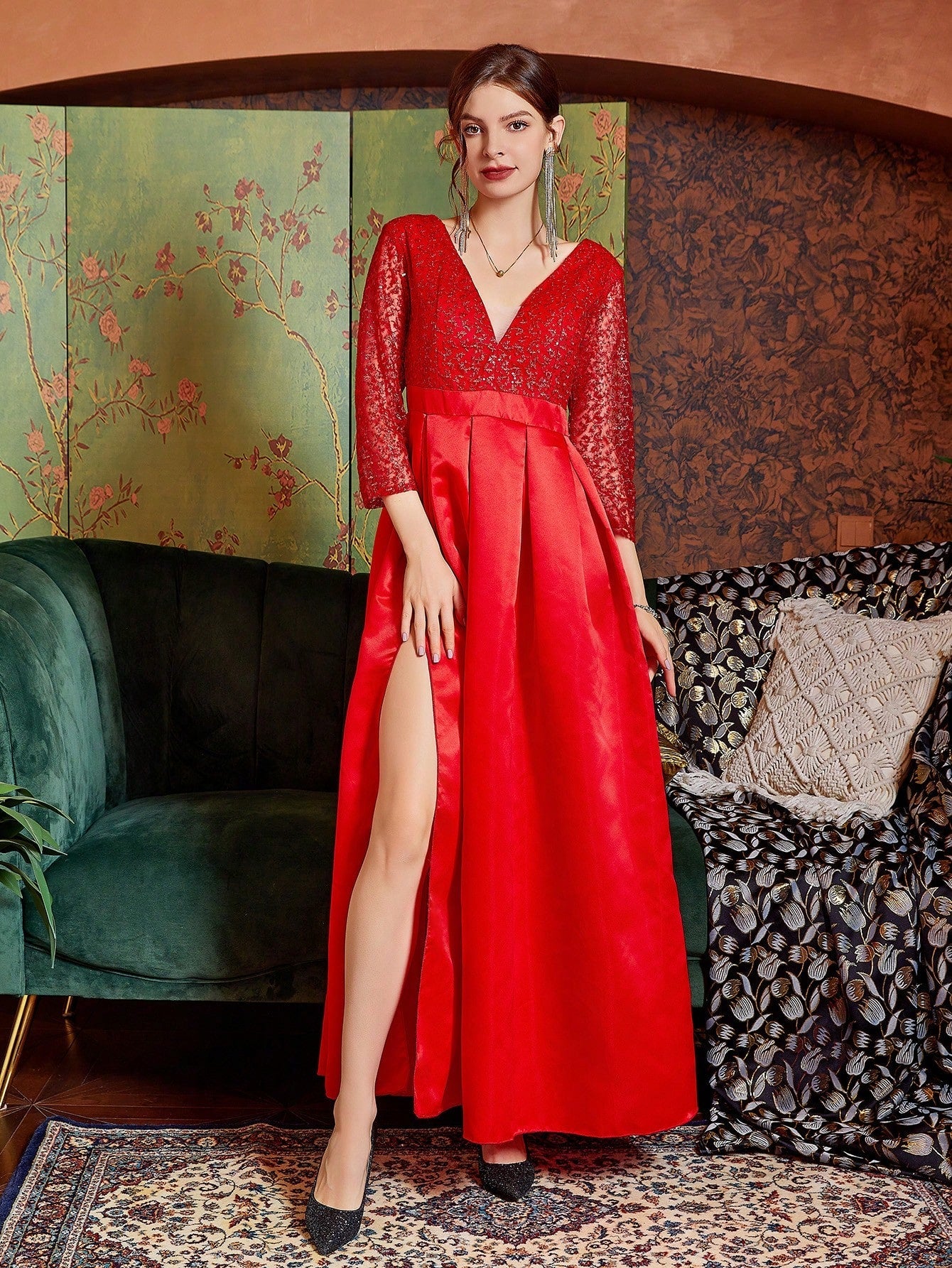 Red Lace & Mesh Fabric High Slit Party Women's Evening Dress With Flare Hem