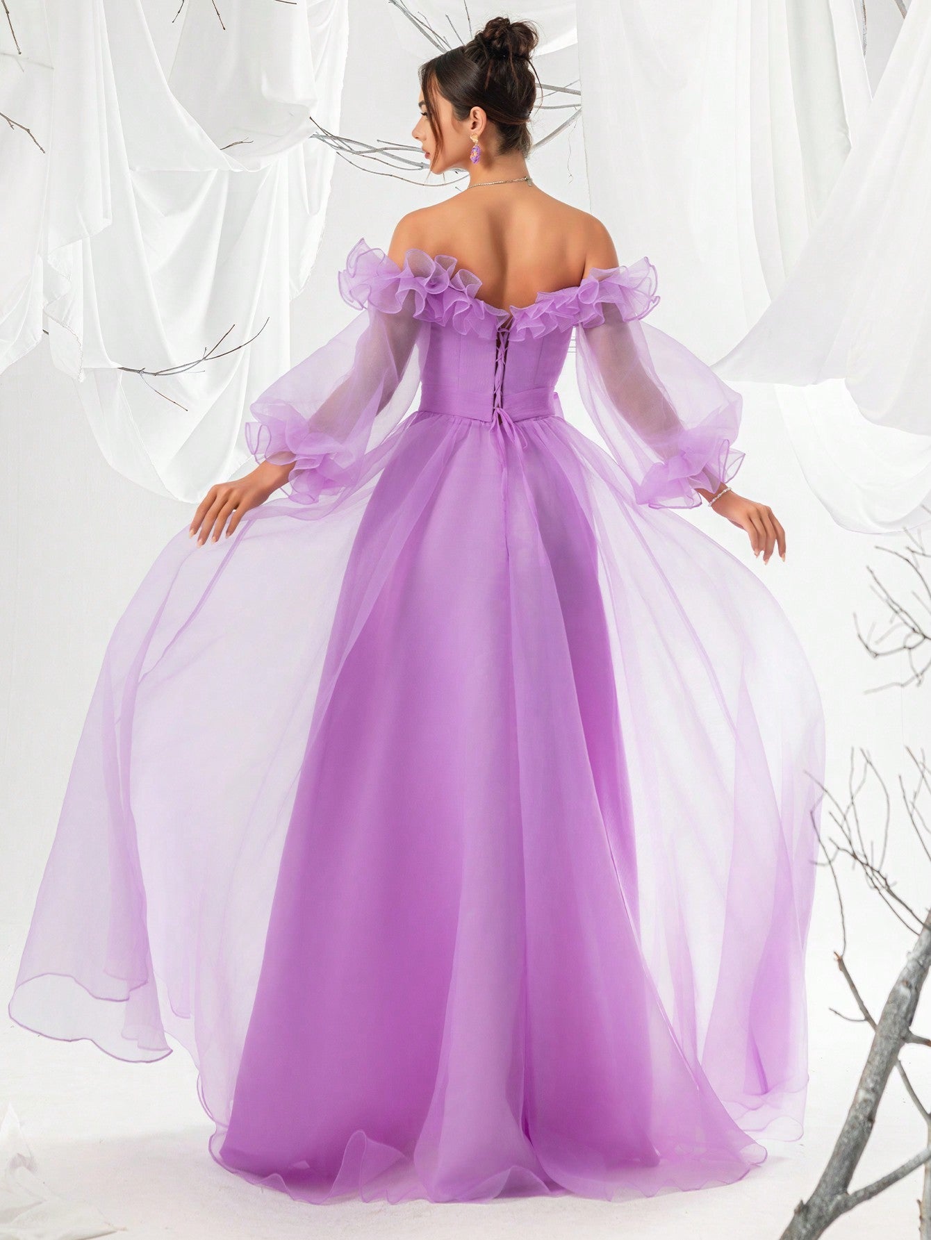 Purple Off-Shoulder Sheer Mesh Lantern Sleeve Women's Evening Party Dress