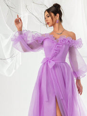 Purple Off-Shoulder Sheer Mesh Lantern Sleeve Women's Evening Party Dress