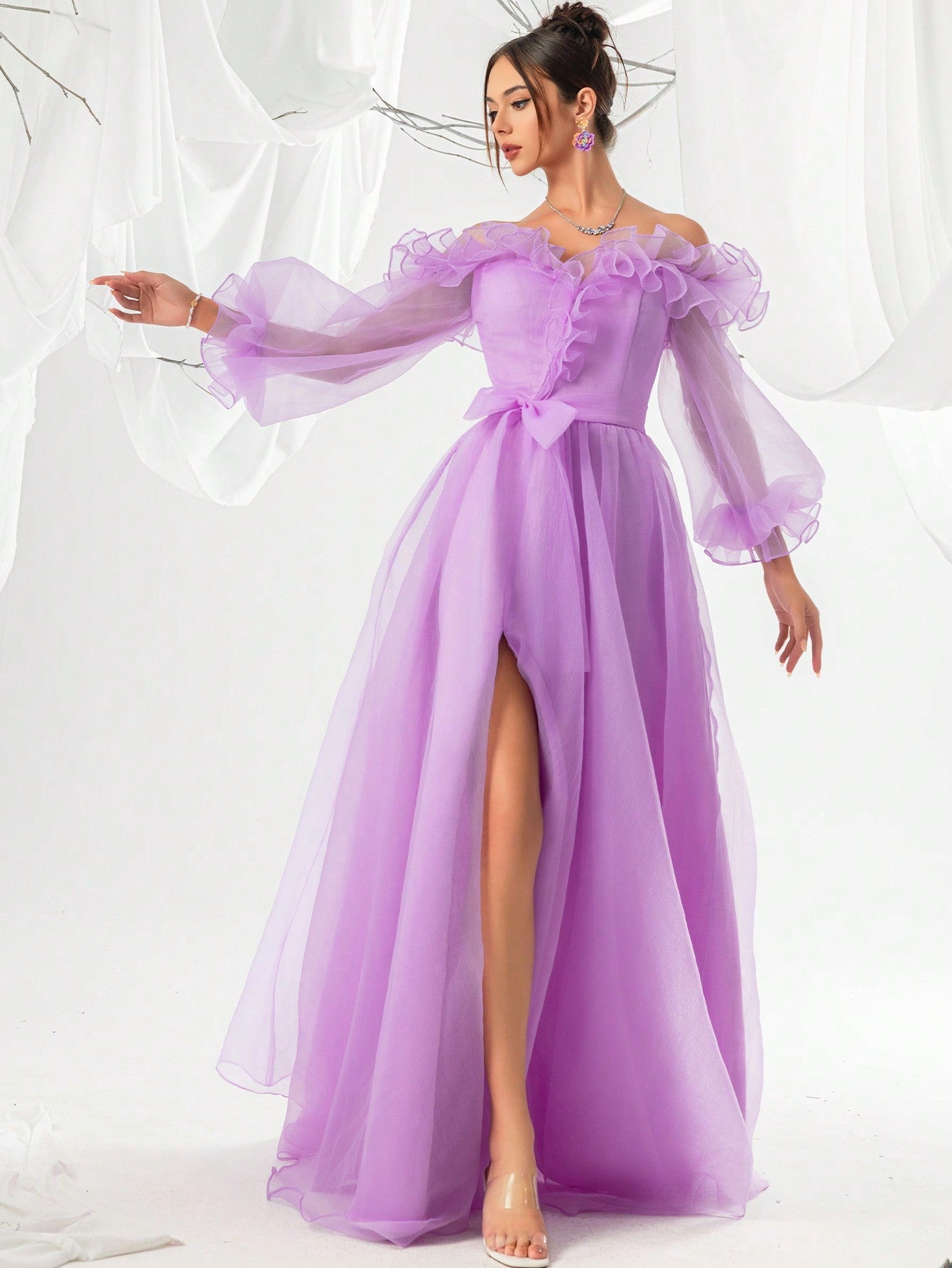 Purple Off-Shoulder Sheer Mesh Lantern Sleeve Women's Evening Party Dress