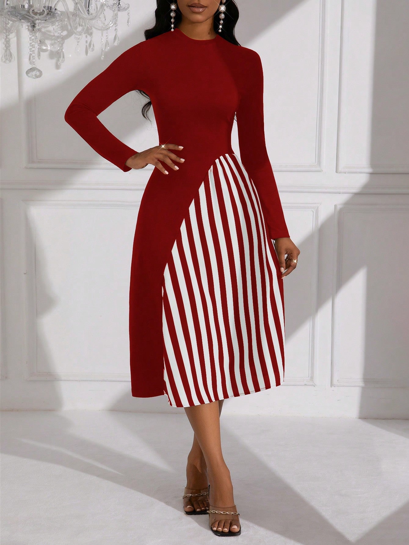 Lady Striped Pattern Long Sleeve Belted Dress (Belt Not Included)