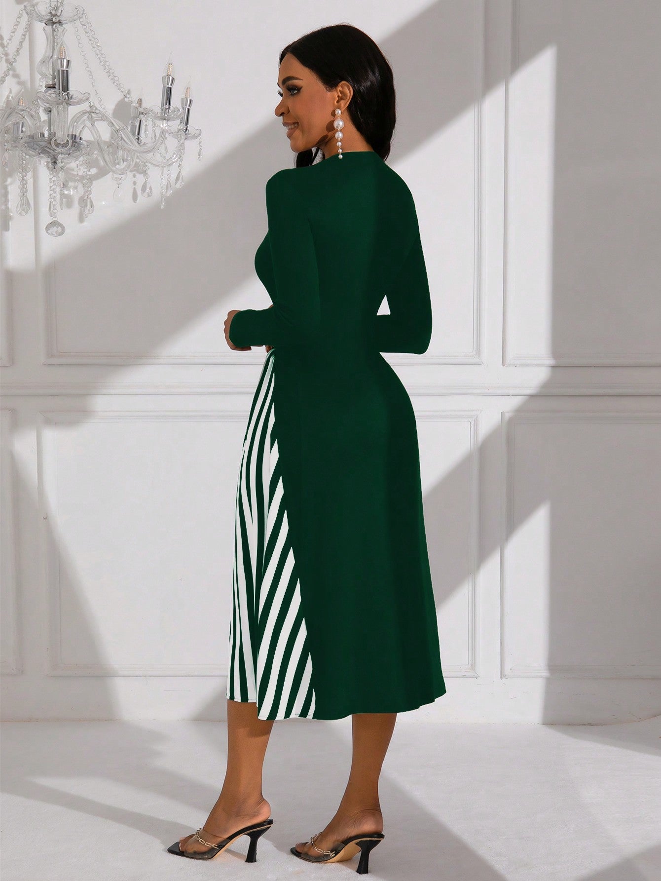 Lady Striped Pattern Long Sleeve Belted Dress (Belt Not Included)