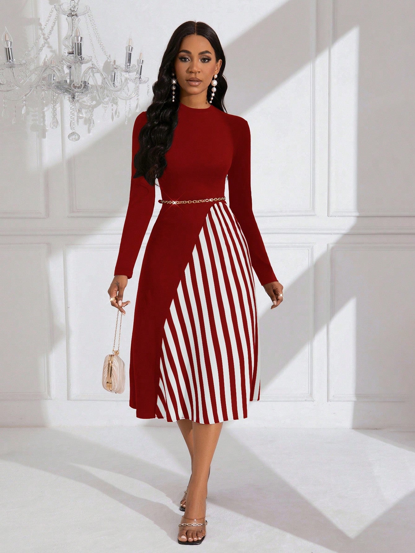 Lady Striped Pattern Long Sleeve Belted Dress (Belt Not Included)