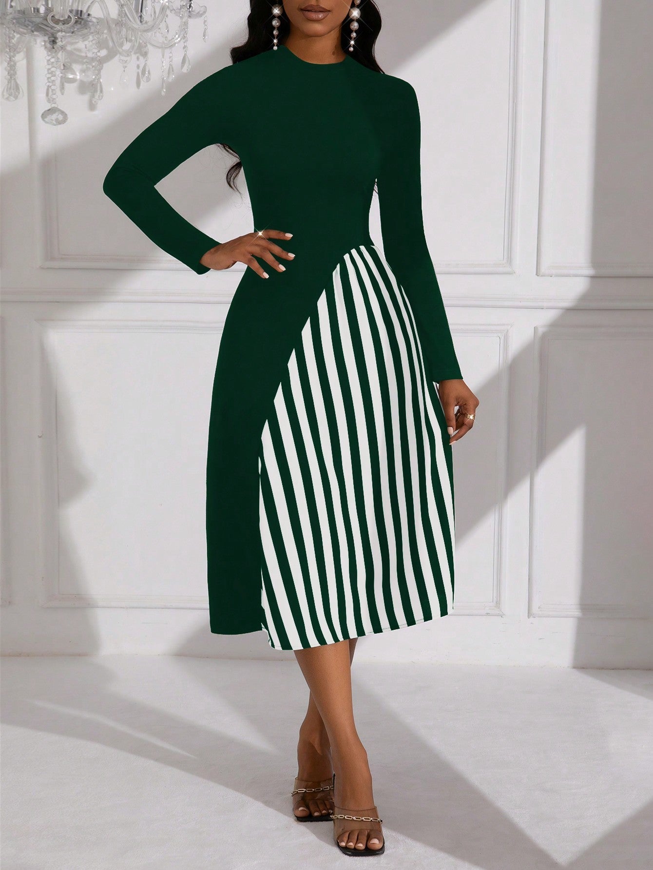 Lady Striped Pattern Long Sleeve Belted Dress (Belt Not Included)