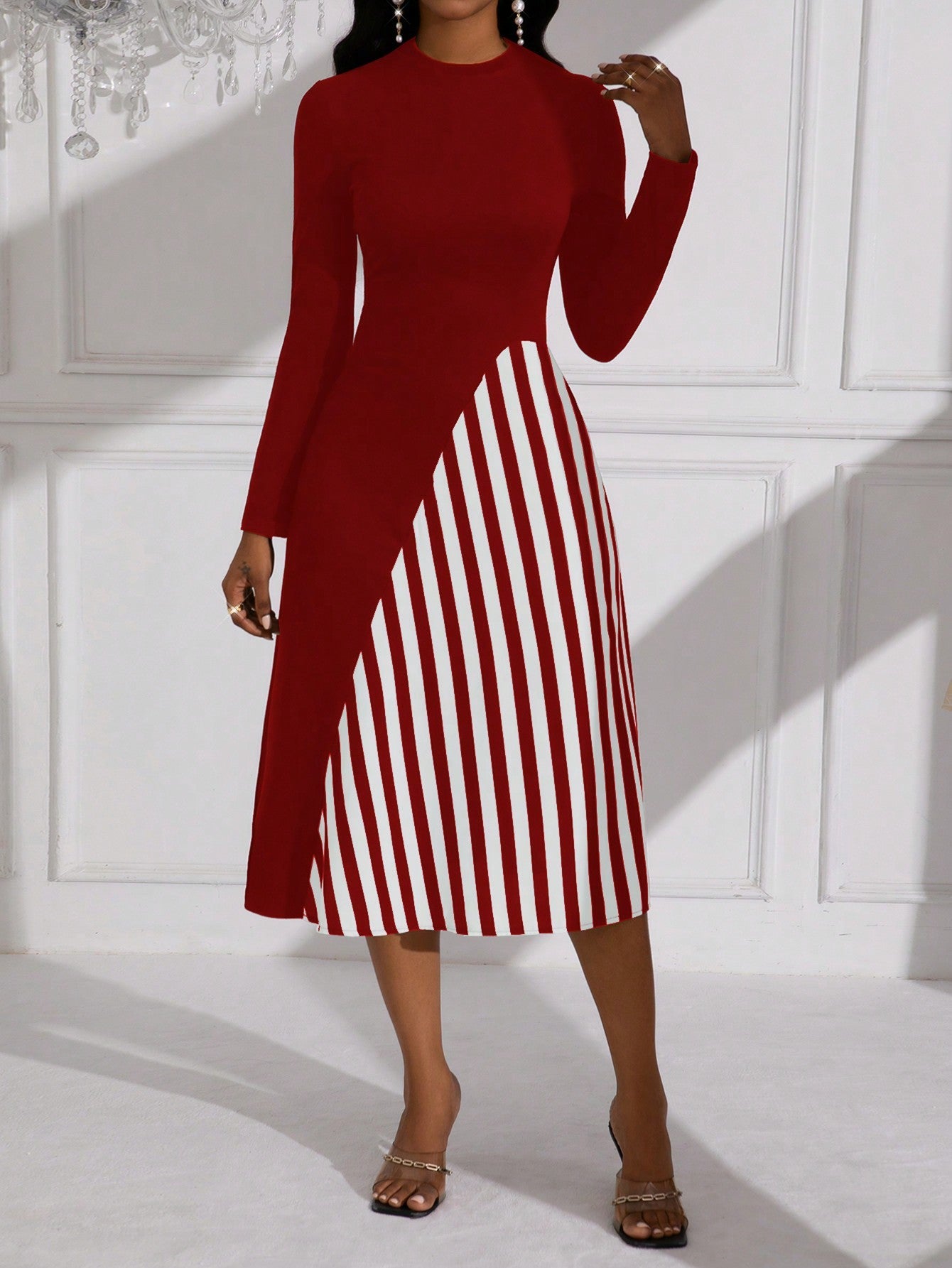 Lady Striped Pattern Long Sleeve Belted Dress (Belt Not Included)