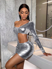 SXY Metal Diagonal Shoulder Bold Hollowed Out Mini Dress Silver Dress