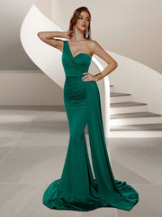 ADYCE One Shoulder Pleated Long Ribbon Prom Party Dress