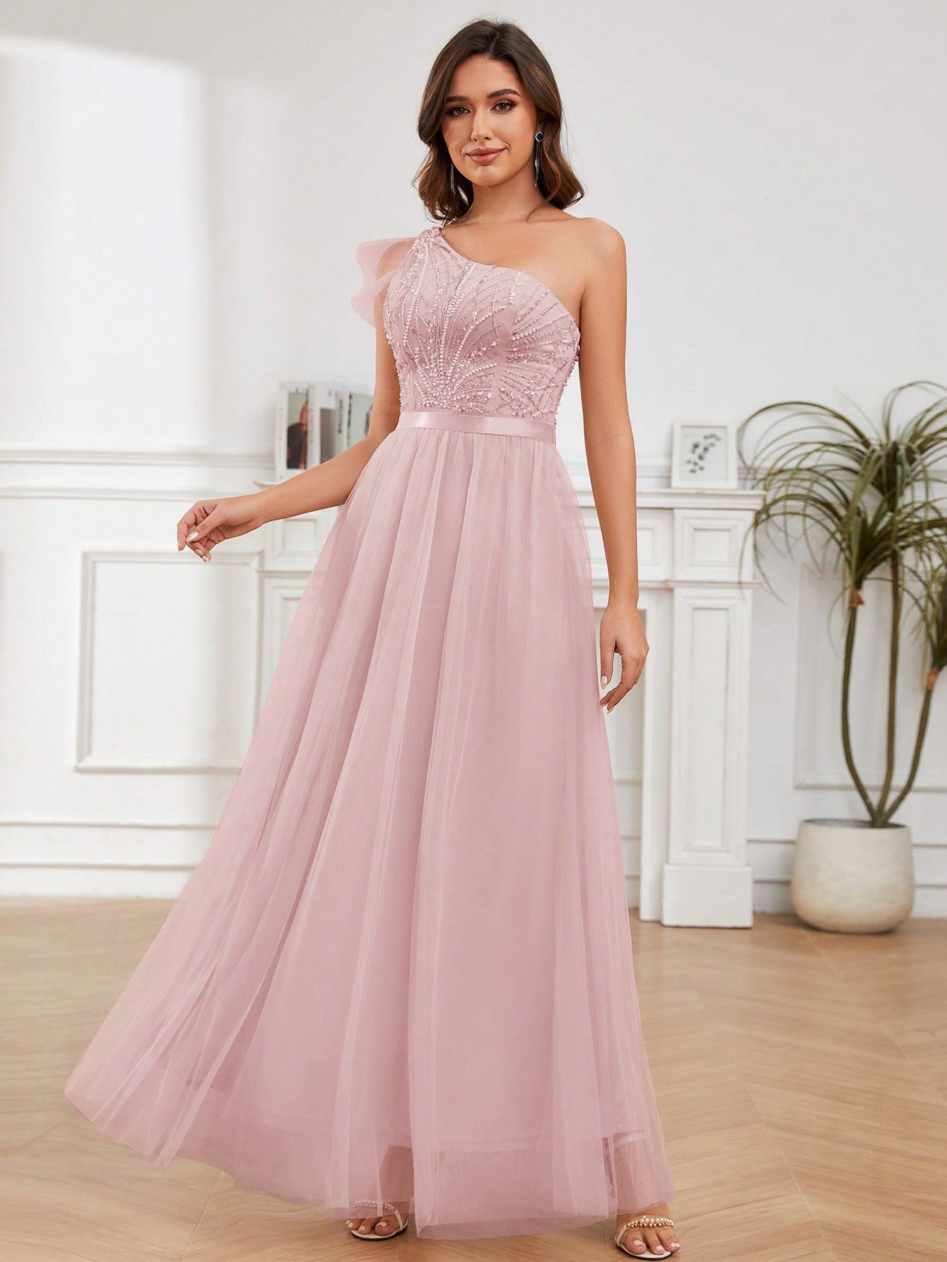 A-Line One Shoulder Long Prom Dress With Embroider