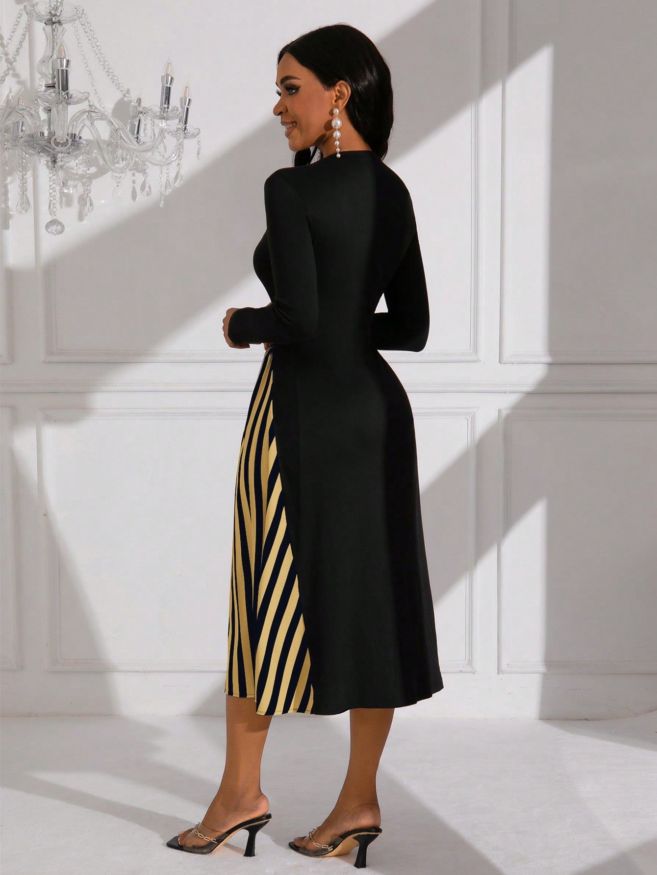 Lady Striped Pattern Long Sleeve Belted Dress (Belt Not Included)