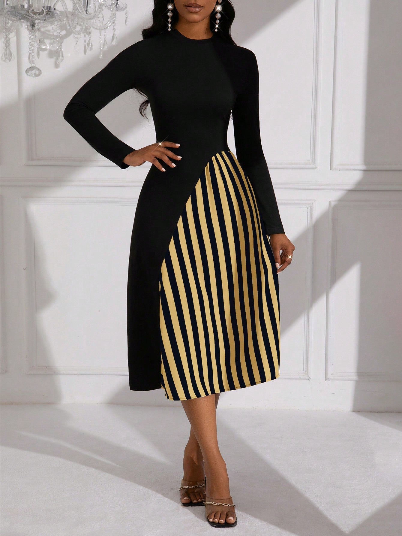 Lady Striped Pattern Long Sleeve Belted Dress (Belt Not Included)