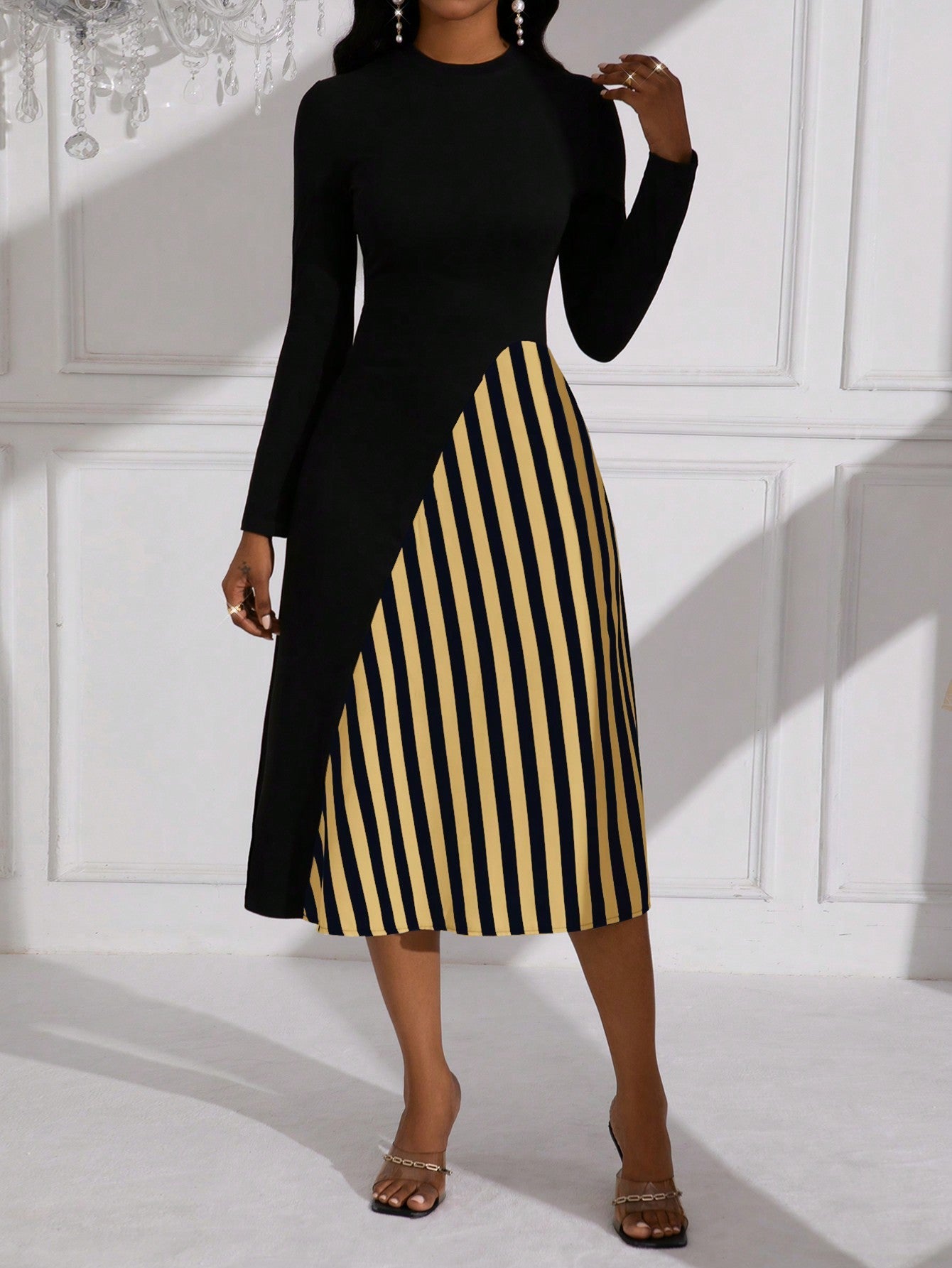 Lady Striped Pattern Long Sleeve Belted Dress (Belt Not Included)